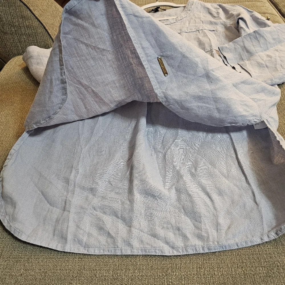 Ellen Tracy Linen Light Blue Casual Career Office Tunic w/ Gold Accents Small - Picture 4 of 6